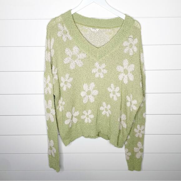 143 Story Daisy Floral Print Loose Knit V-Neck Sweater Green White Size 1X - Picture 2 of 10